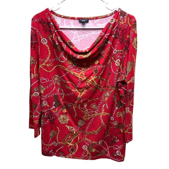 Talbots Equestrian Print Red Drape Neck Long Sleeve Jersey Size L - Picture 1 of 6